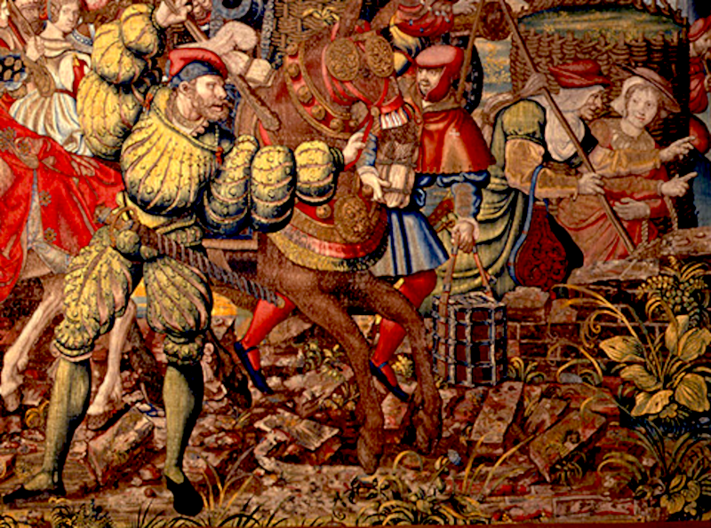 Soldati e civili in un dettaglio di uno degli arazzi fiamminghi del dedicati alla Battaglia di Pavia, 1530 ca., Museo di Capodimonte, Napoli