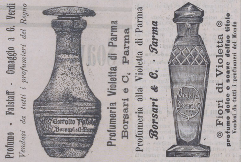 Inserzioni pubblicitarie di boccette di profumo Borsari degli anni Dieci
