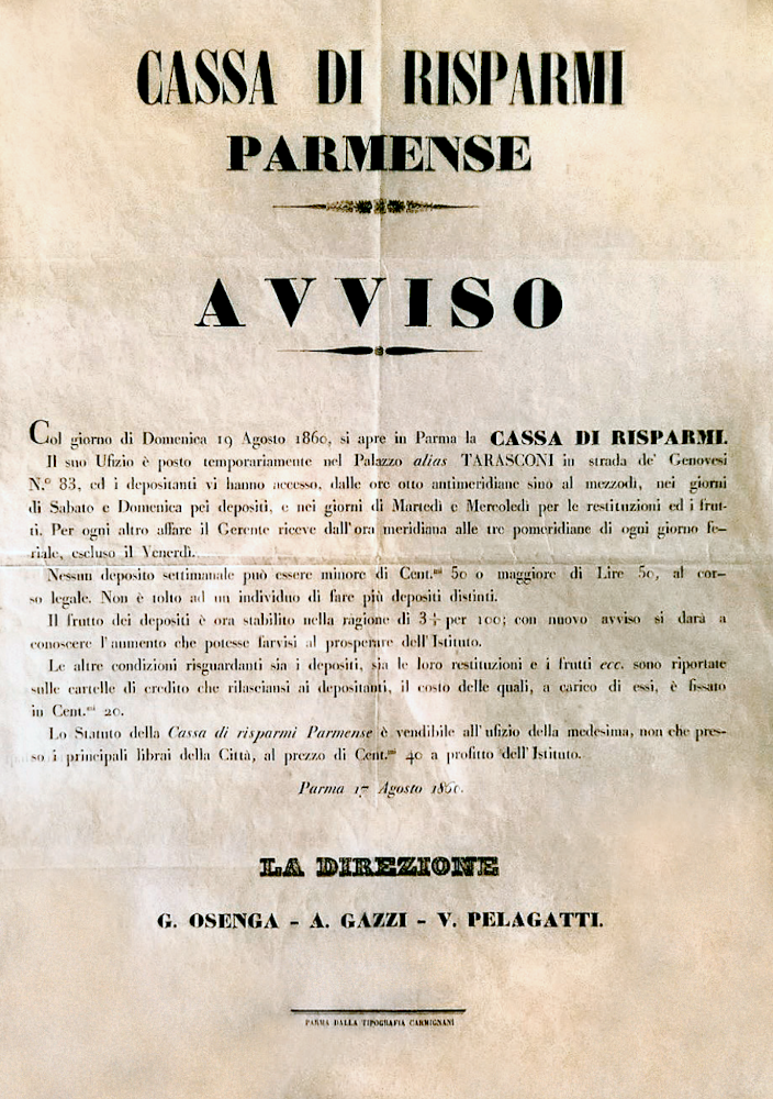 Manifesto che annuncia l'apertura dello sportello della Cassa di Risparmi Parmense nel 1860