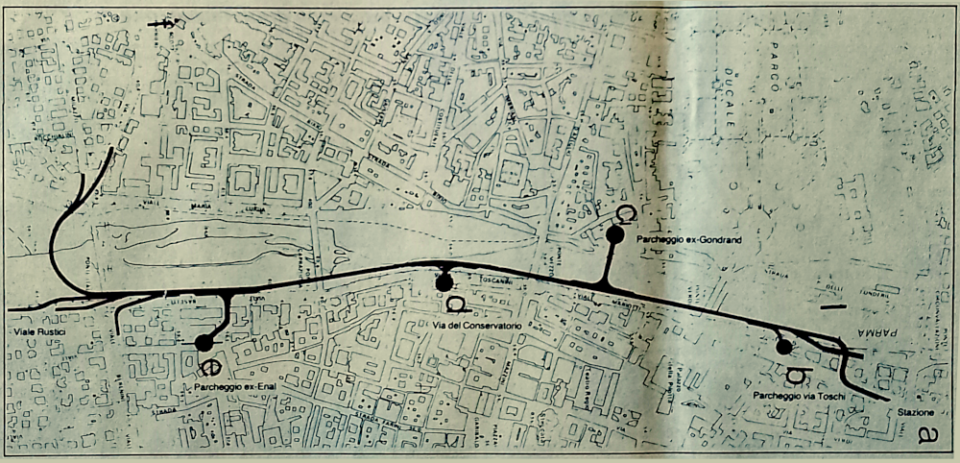 Schema del tunnel viabilistico sotto l'alveo del torrente Parma proposto dal Comune cittadino nel 1988