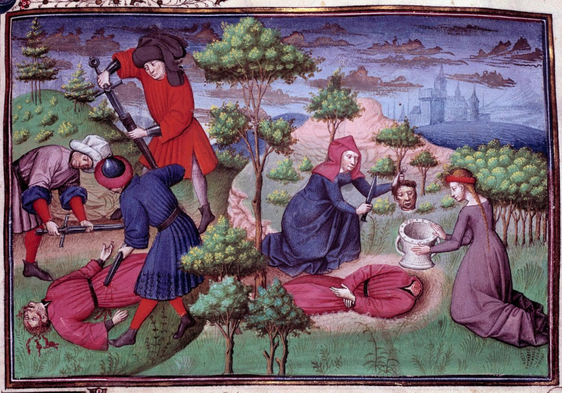 Scena di omicidio in una miniatura del Maestro di Mansel del 1450 per una copia del Decameron, manoscritto 5.070 della Bibliothèque de l'Arsenal, Parigi