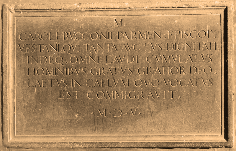 Epigrafe funebre del vescovo Carlo Bocconi, posta nel transetto della cattedrale di Parma