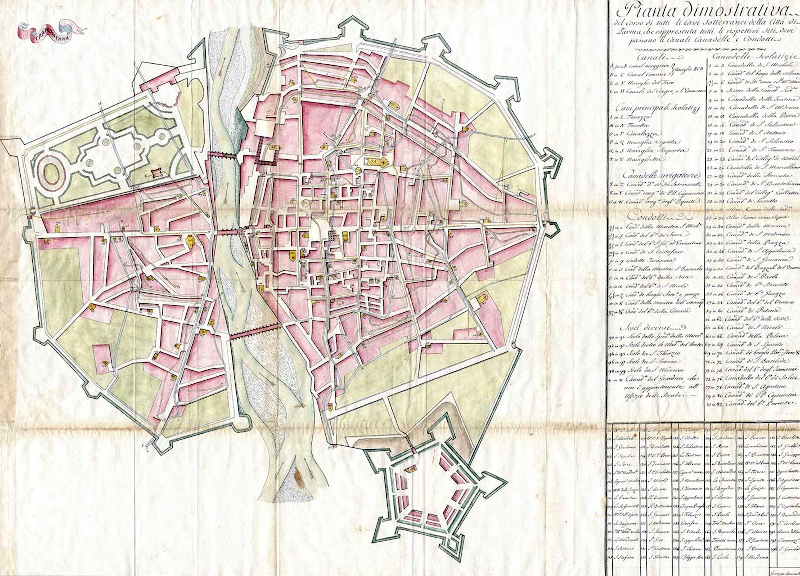 Pianta dimostrativa di Canali e Canadelle della città di Parma disegnata da Giuseppe Cocconcelli nel 1765